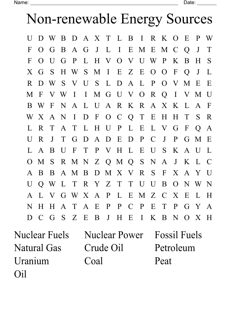 Nonrenewable Energy Sources Word Search WordMint