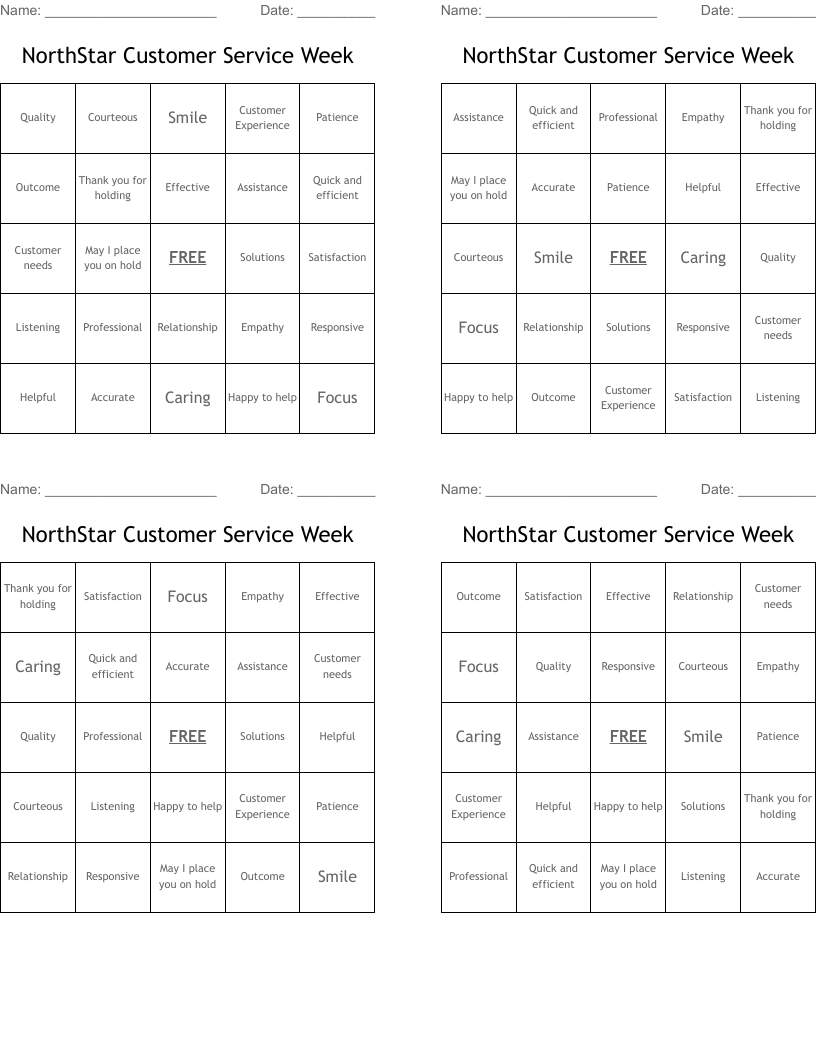 NorthStar Customer Service Week Bingo Cards WordMint