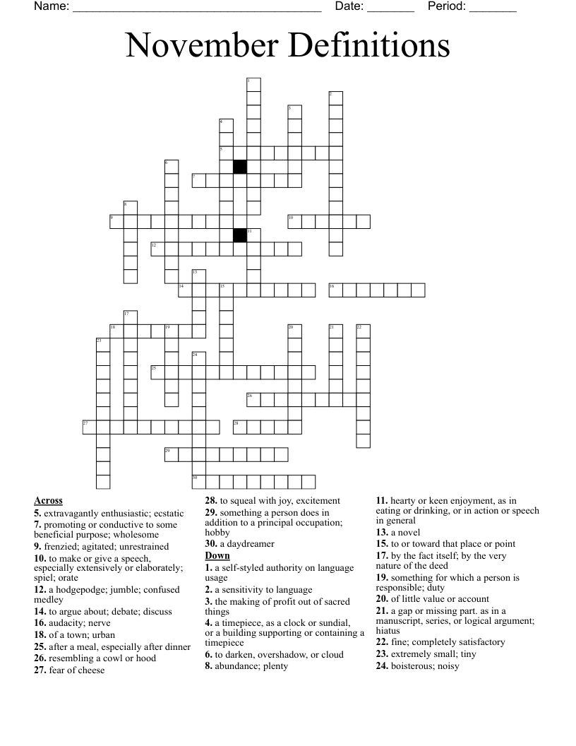 November Definitions Crossword WordMint
