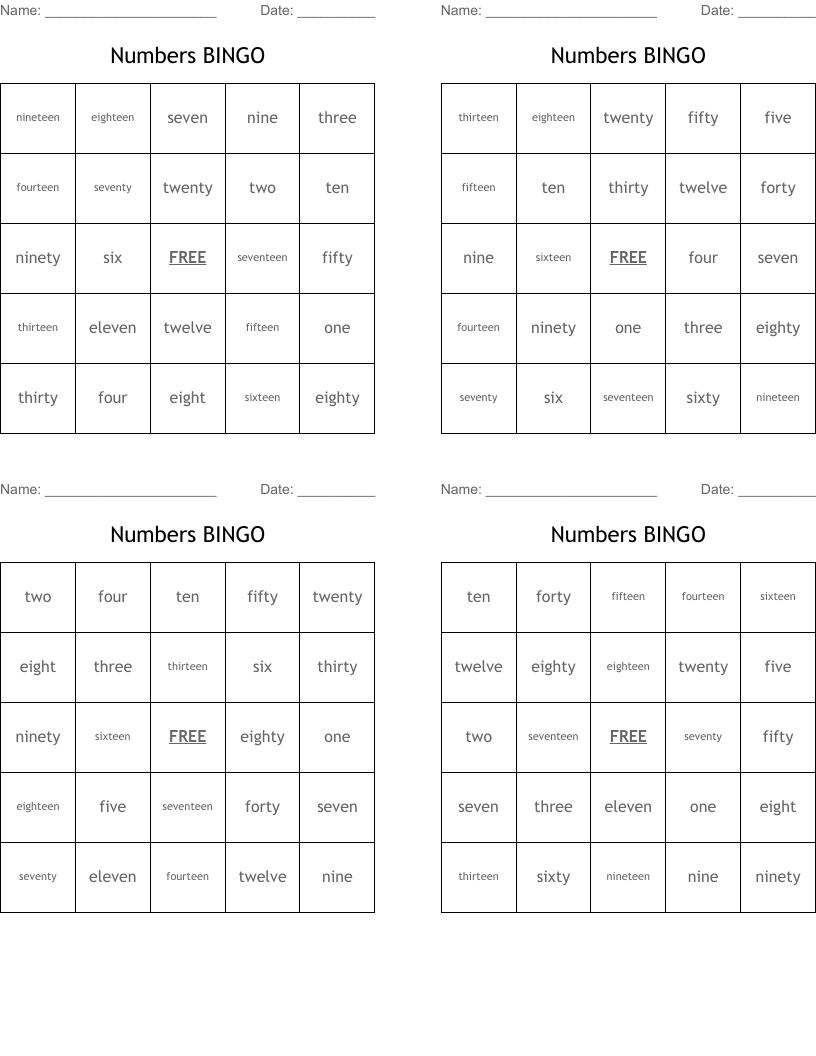Numbers BINGO WordMint