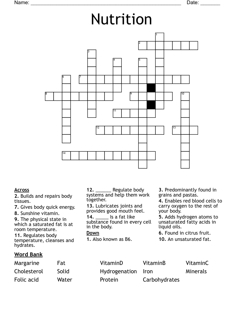 Nutrition Crossword WordMint