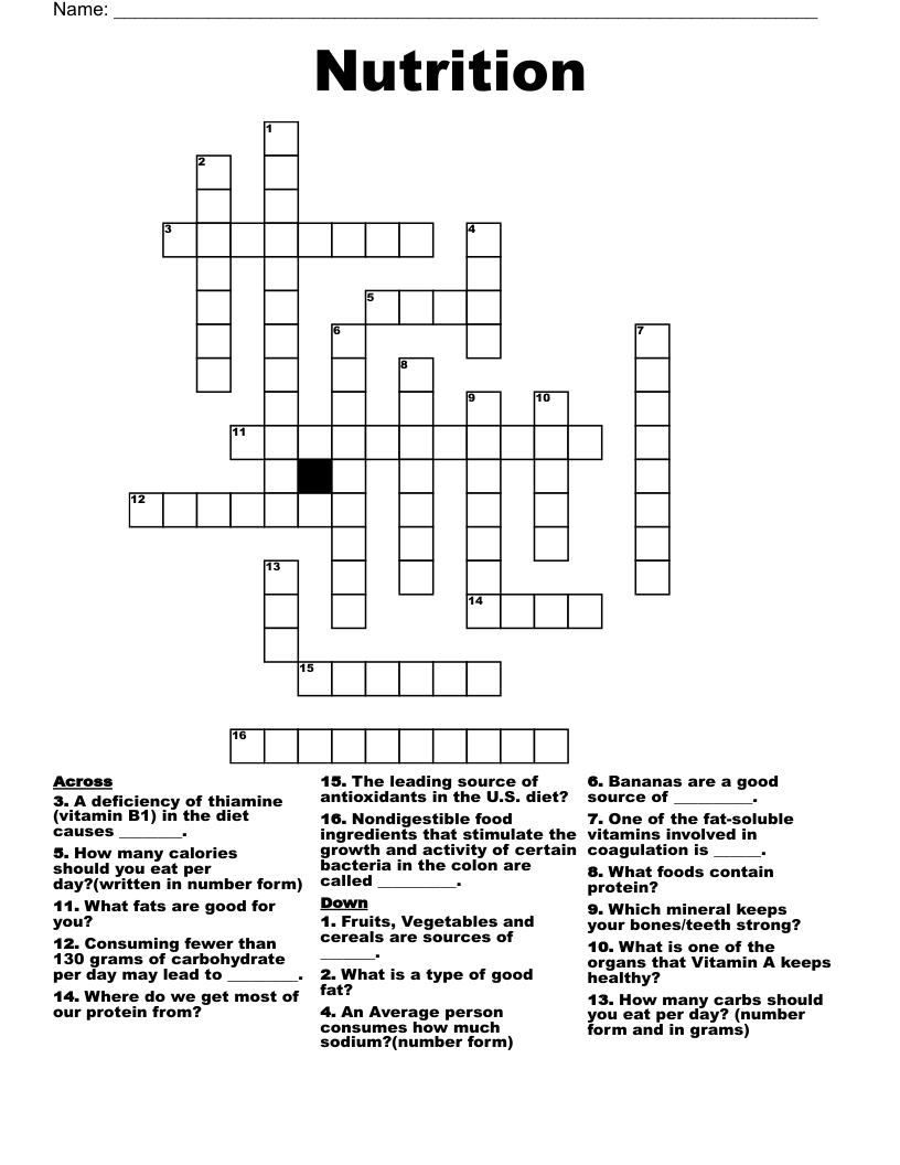 Nutrition Crossword WordMint