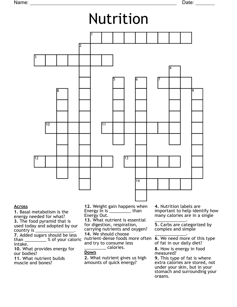 Nutrition Crossword WordMint