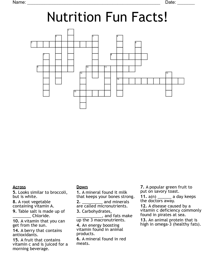 Nutrition Fun Facts! Crossword WordMint