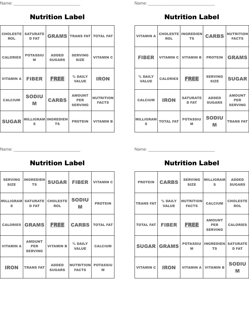 Nutrition Label Bingo Cards WordMint