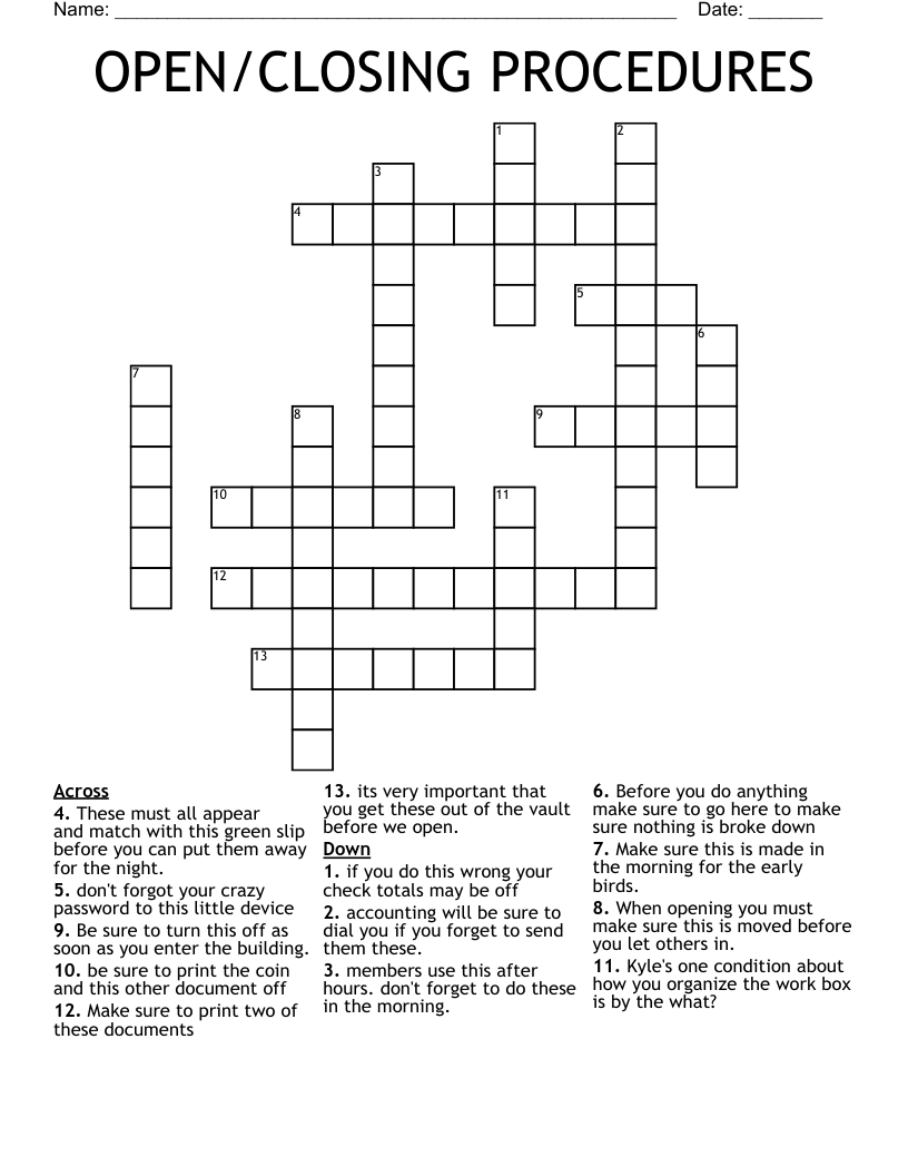 OPEN/CLOSING PROCEDURES Crossword WordMint
