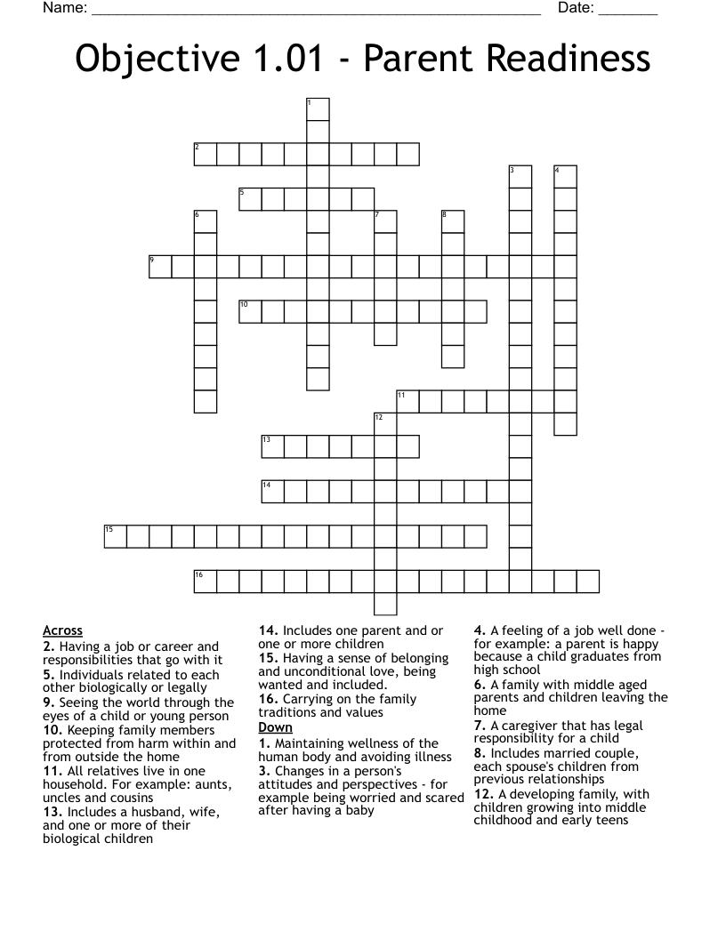 Objective 1.01 Parent Readiness Crossword WordMint