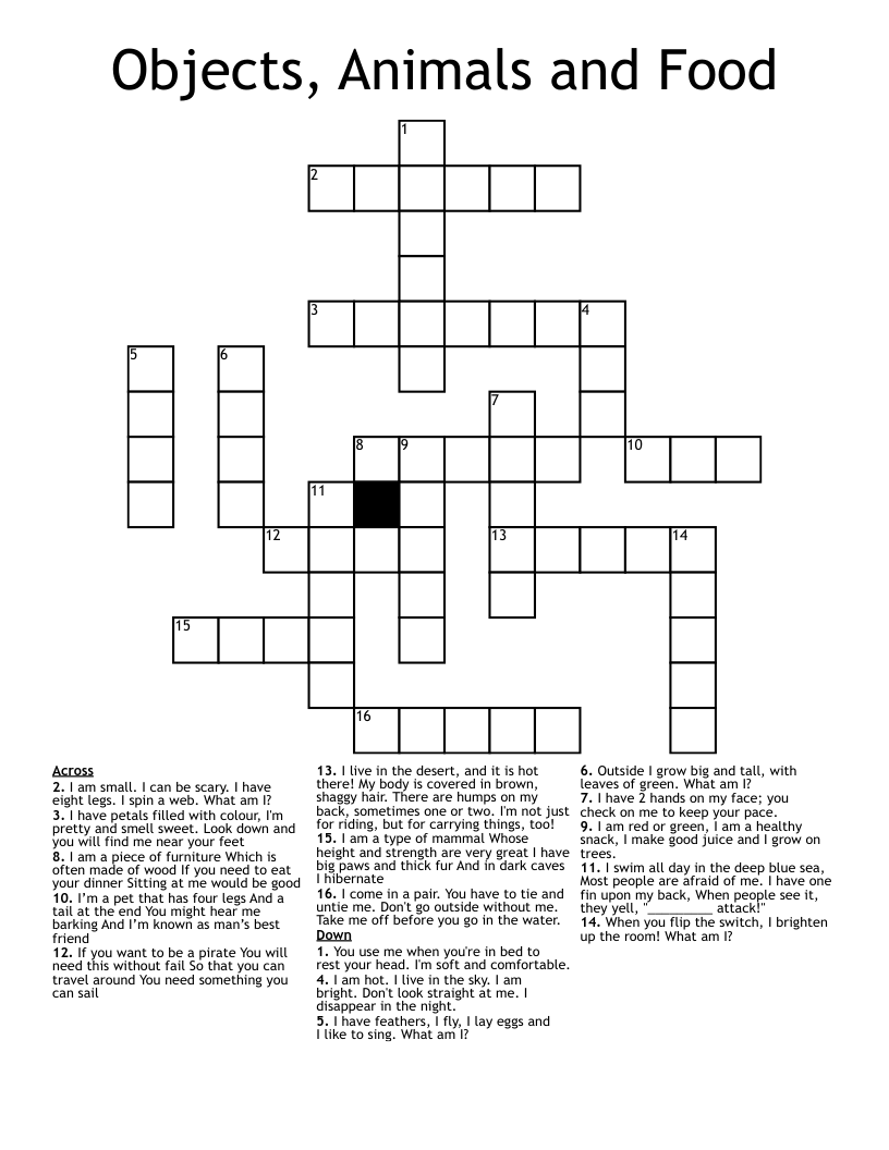 Objects, Animals and Food Crossword WordMint