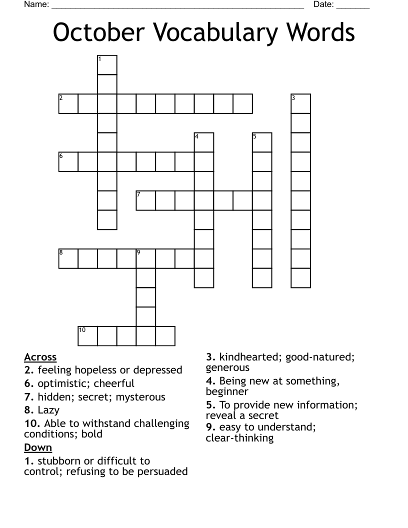 October Vocabulary Words Crossword WordMint
