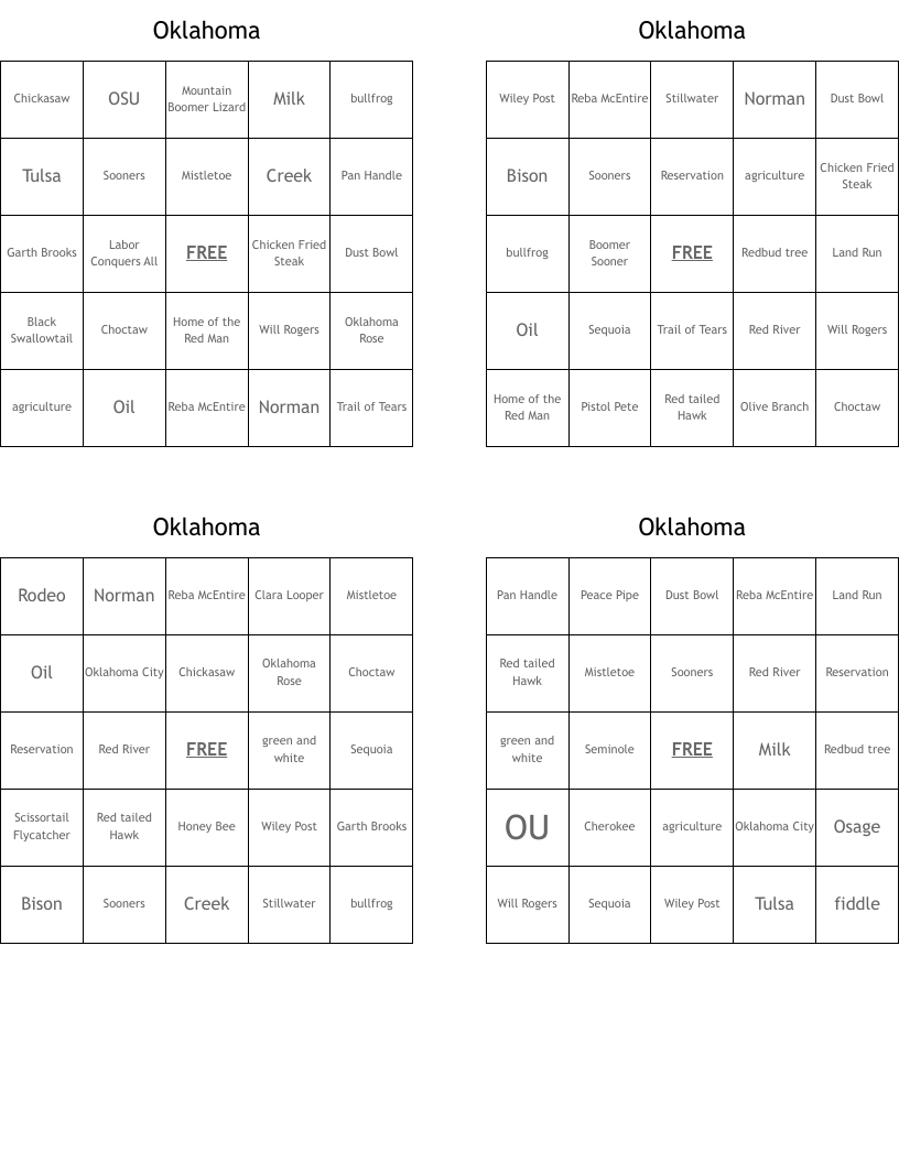 Oklahoma Bingo Cards WordMint