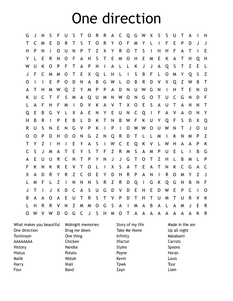One direction Word Search WordMint