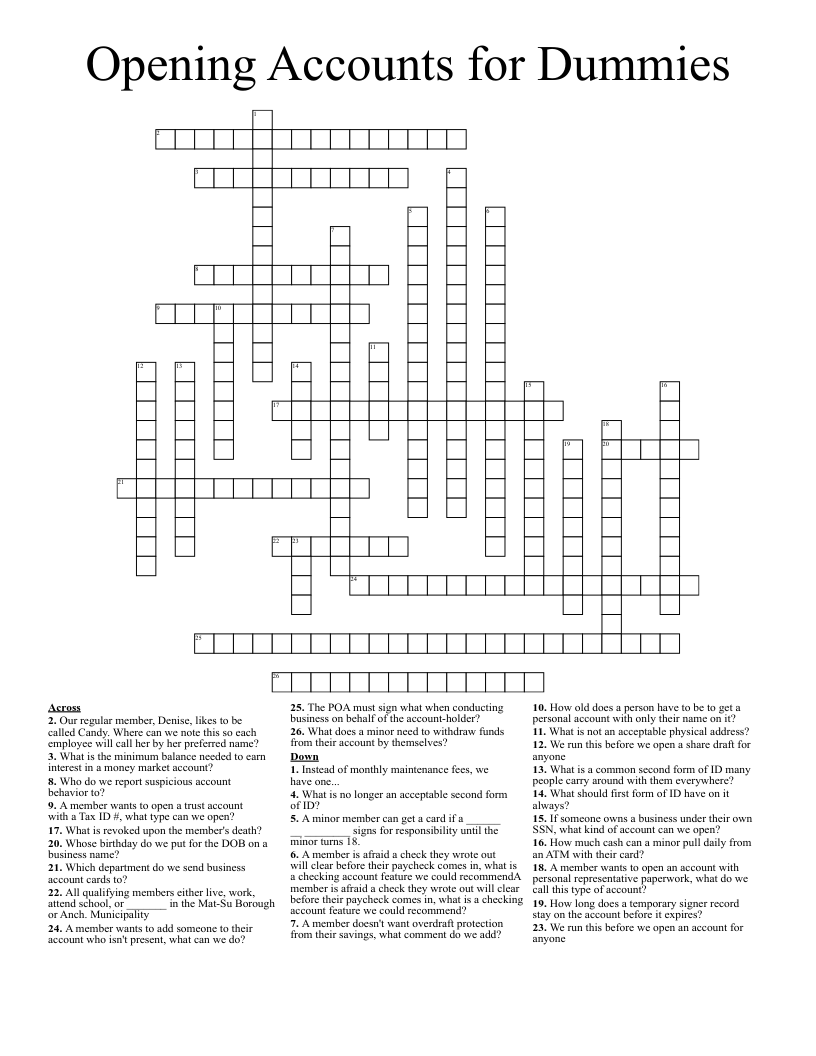 Opening Accounts for Dummies Crossword WordMint