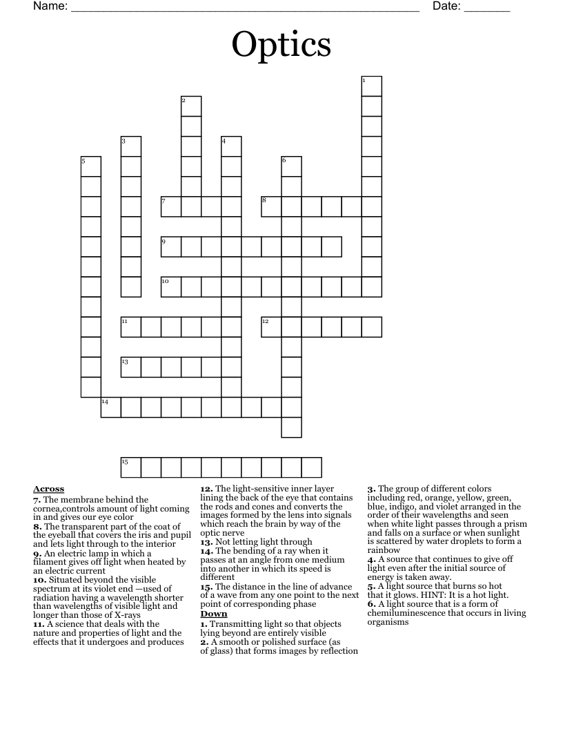 Optics Crossword WordMint