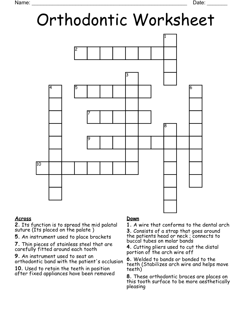 Orthodontic Worksheet Crossword WordMint
