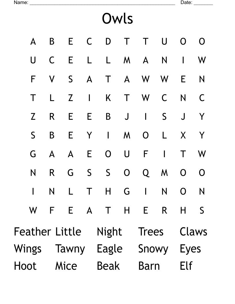 Owls Word Search WordMint