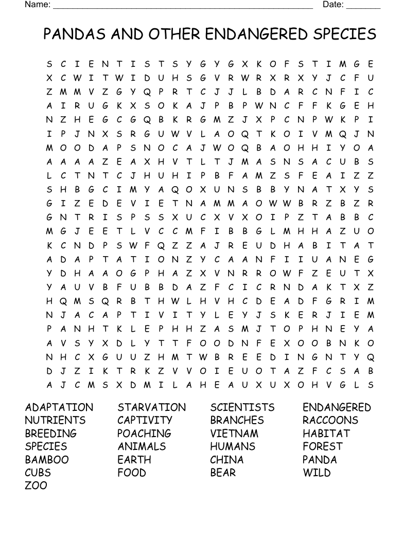 PANDAS AND OTHER ENDANGERED SPECIES Word Search WordMint