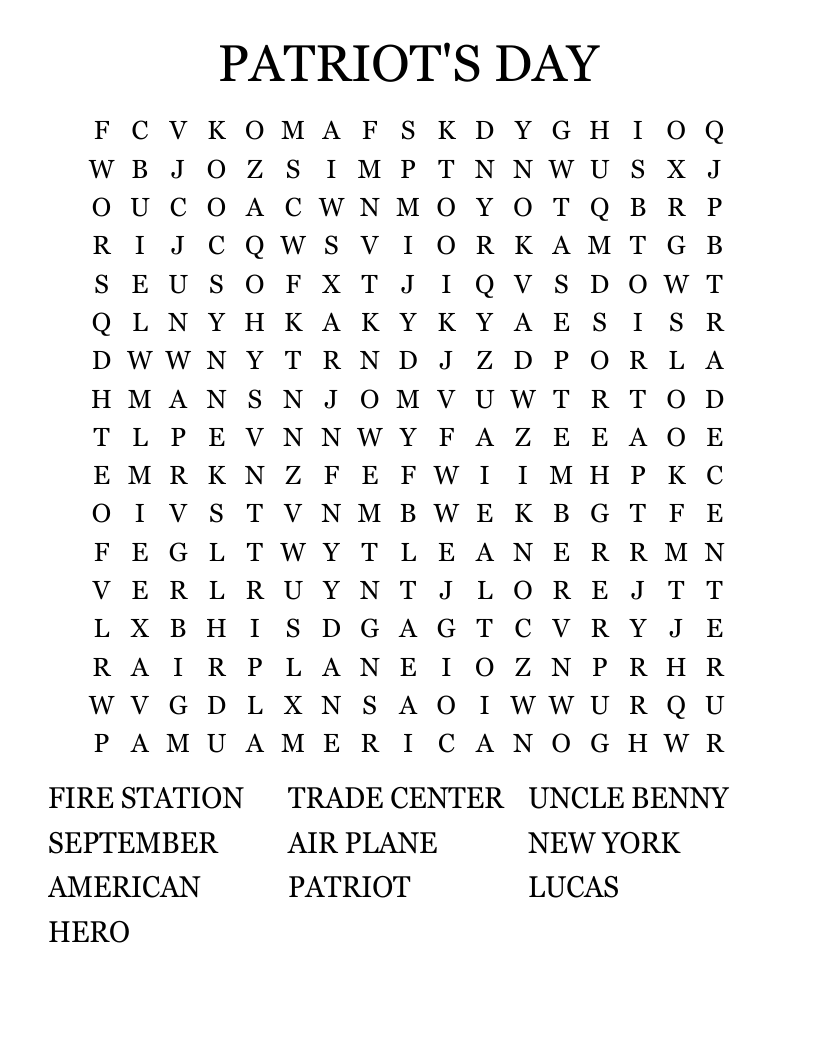 PATRIOT'S DAY Word Search WordMint