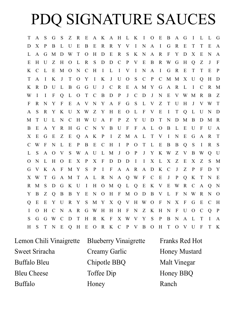 PDQ SIGNATURE SAUCES Word Search WordMint