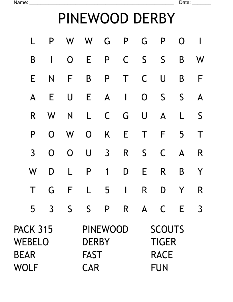 PINEWOOD DERBY Word Search WordMint