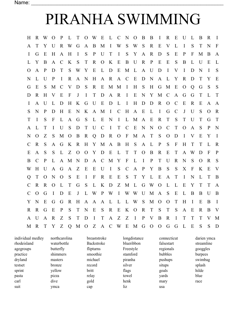 Swimming Word Search WordMint