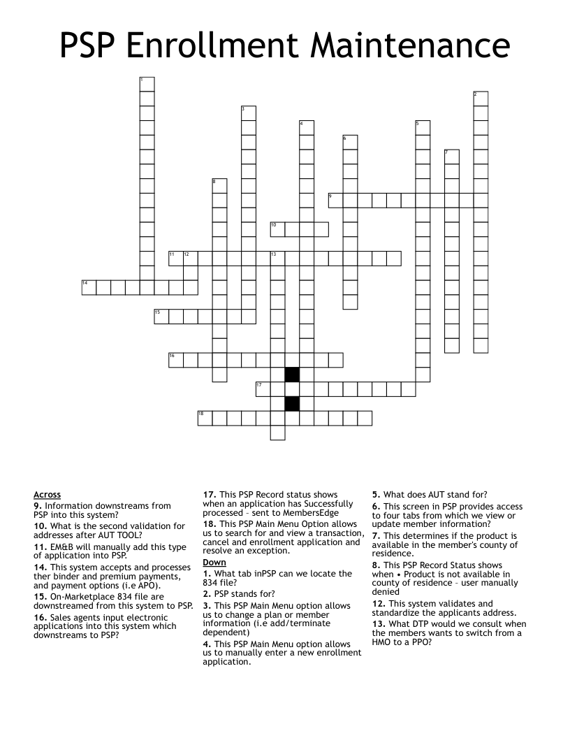 PSP Enrollment Maintenance Crossword WordMint