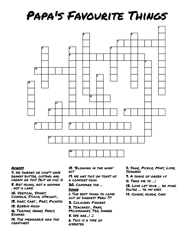 Papa's Favourite Things Crossword WordMint