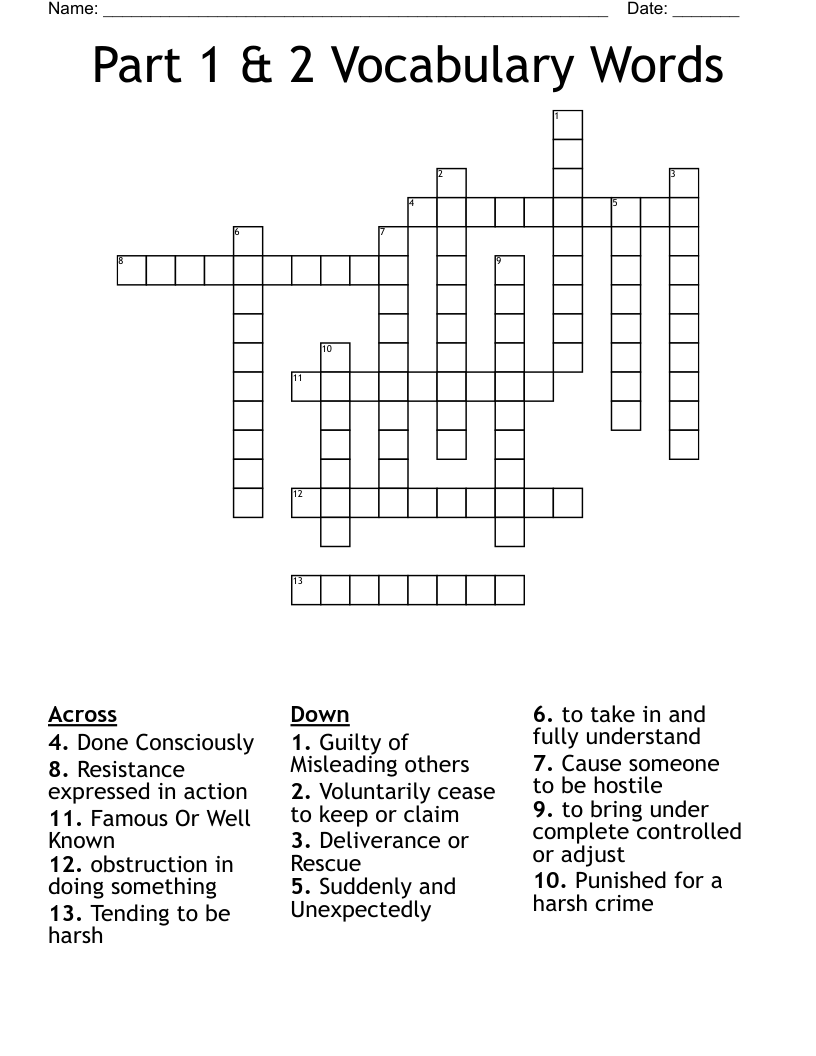 Part 1 & 2 Vocabulary Words Crossword WordMint