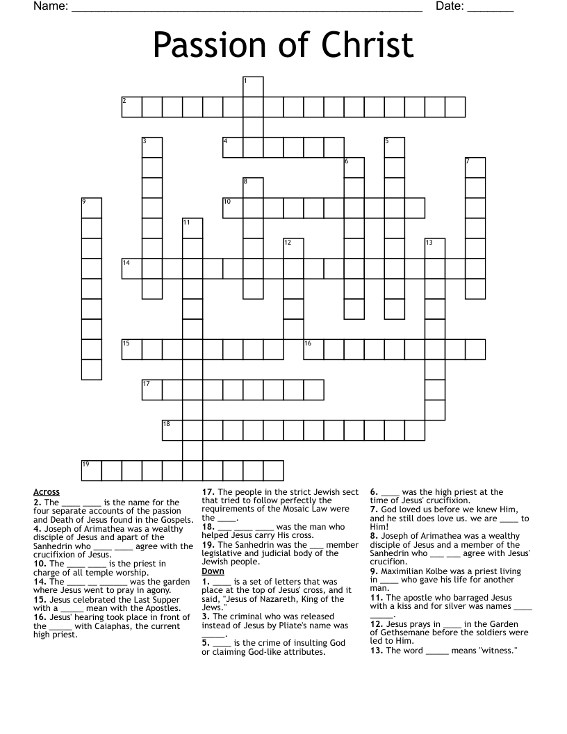 Passion and Death of Christ Crossword WordMint