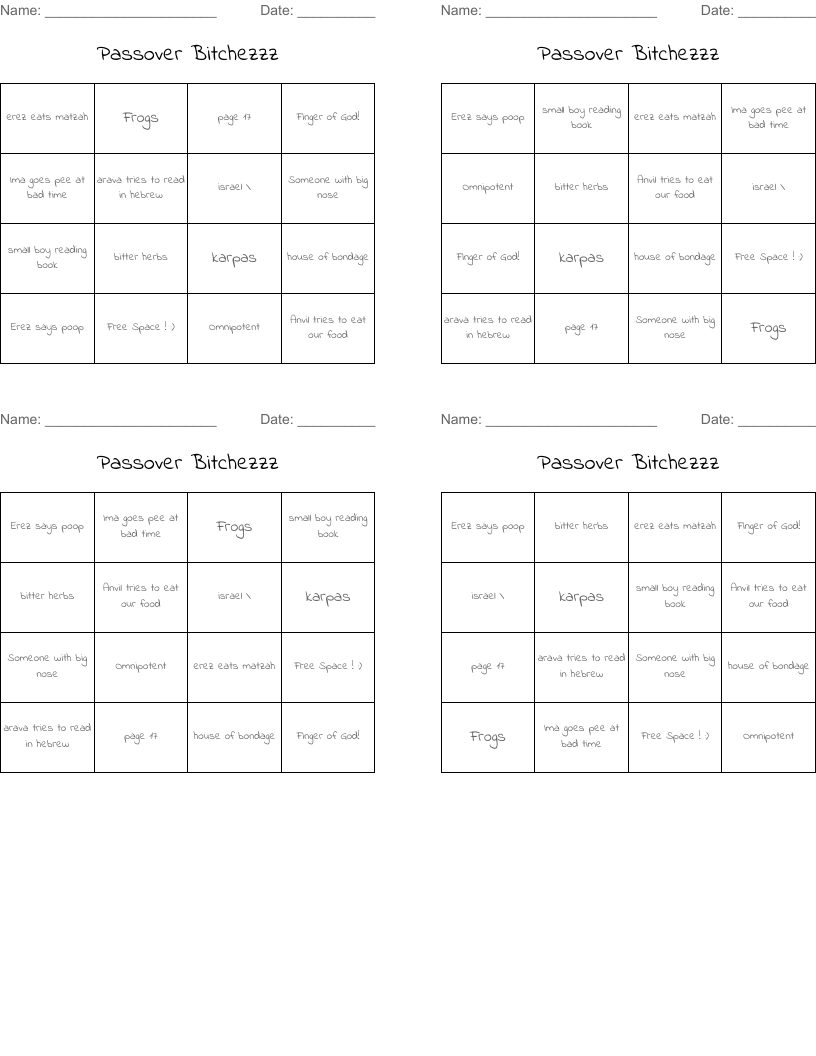 Passover Bitchezzz Bingo Cards WordMint
