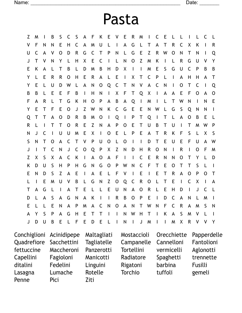 Types of Pasta Word Search WordMint