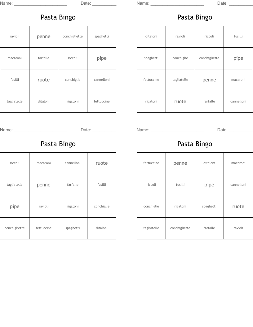 pasta Word Search WordMint
