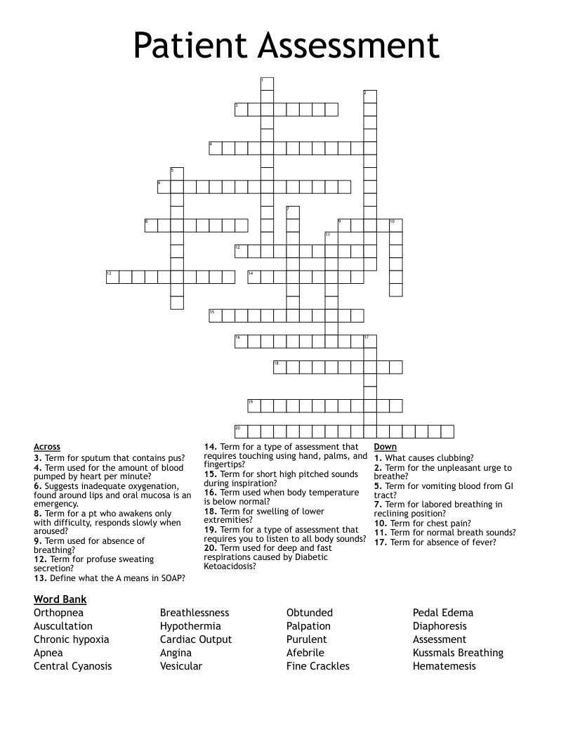 Patient Assessment Crossword - WordMint