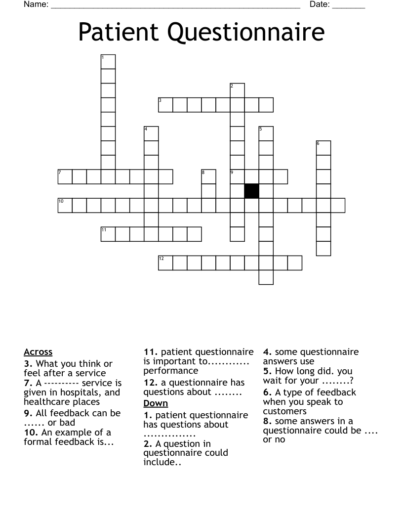 Patient Questionnaire Crossword - WordMint