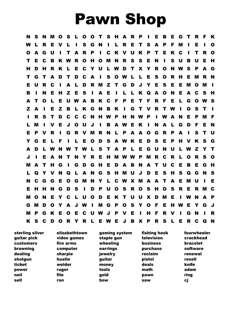 Pawn Shop Word Search WordMint