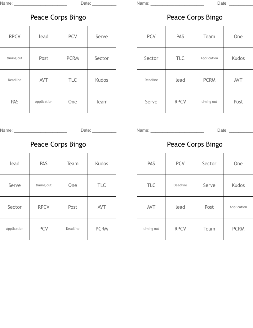 Peace Corps Bingo WordMint