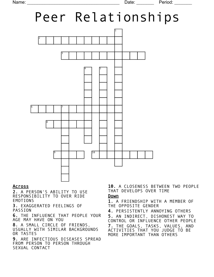 Peer Relationships Crossword WordMint