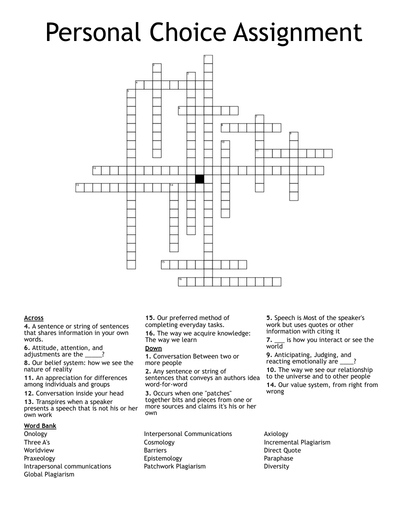 Personal Choice Assignment Crossword WordMint