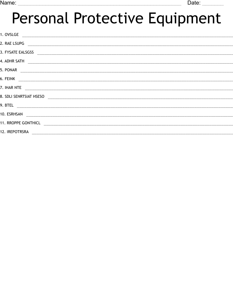 Personal Protective Equipment Word Scramble WordMint