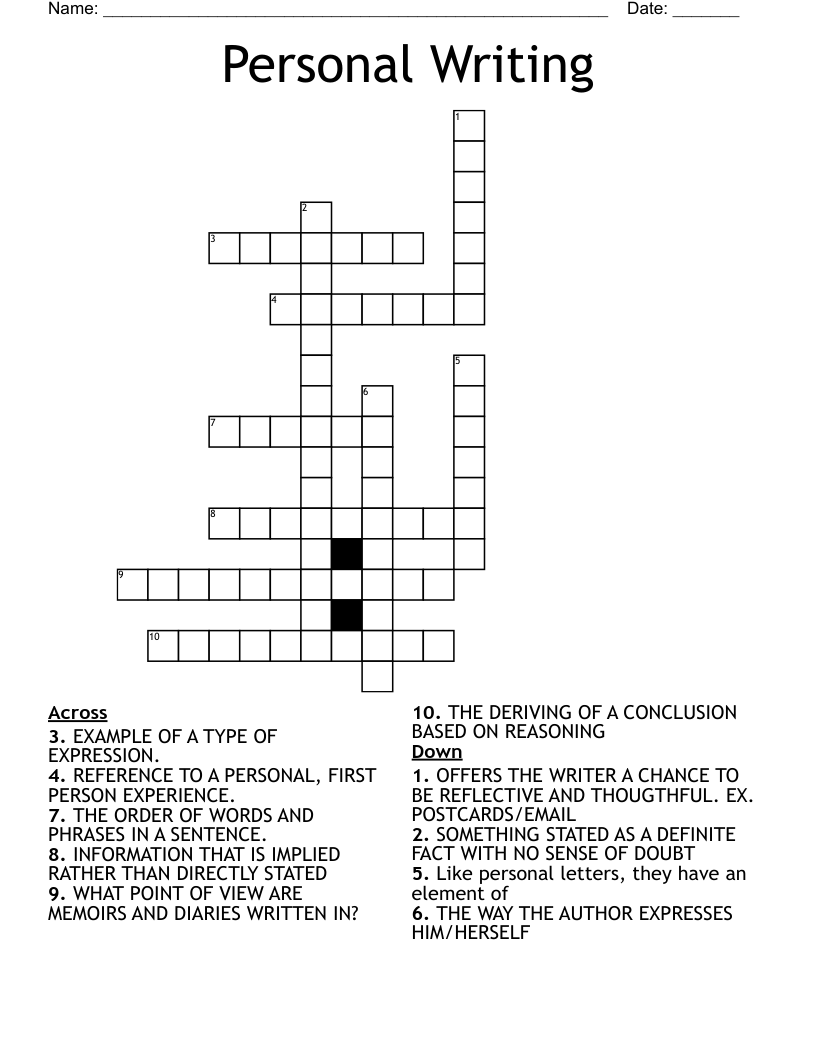 Personal Writing Crossword WordMint