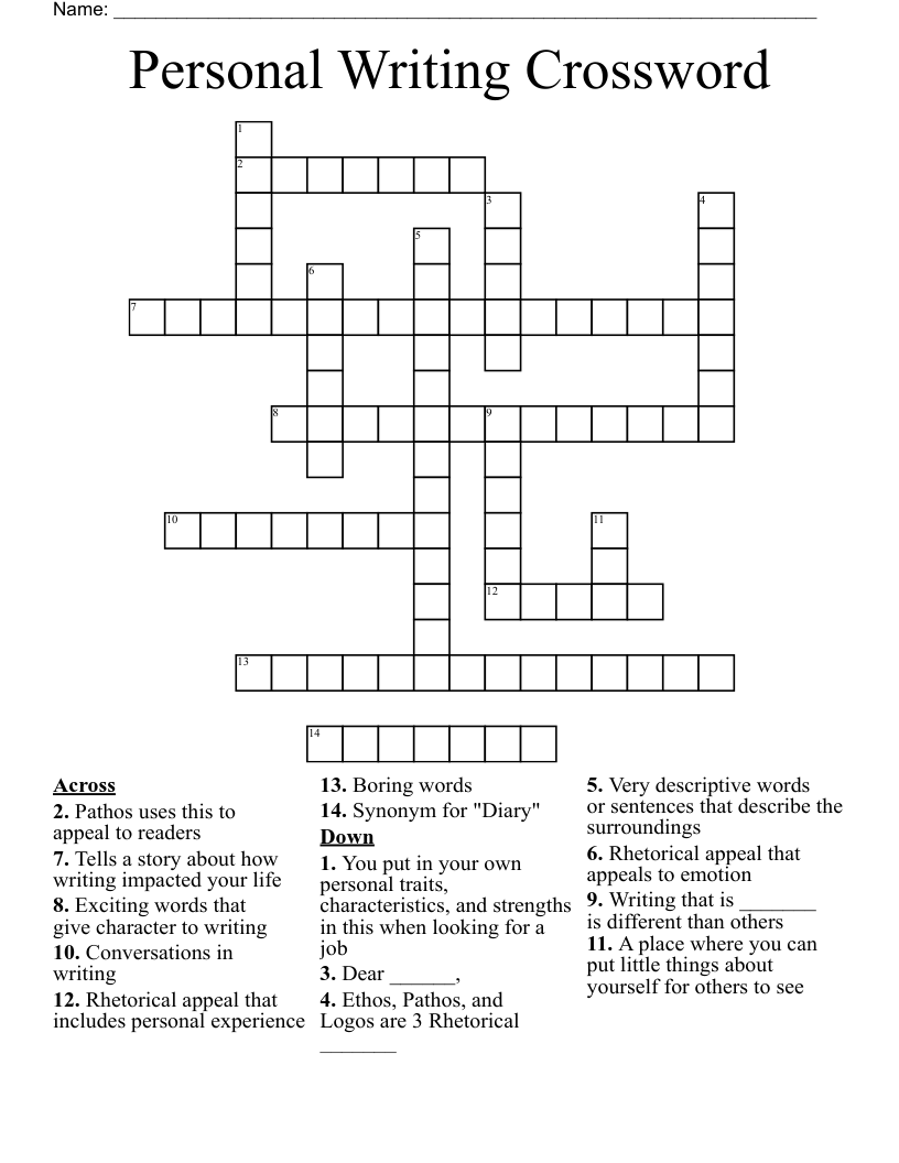 Personal Writing Crossword WordMint