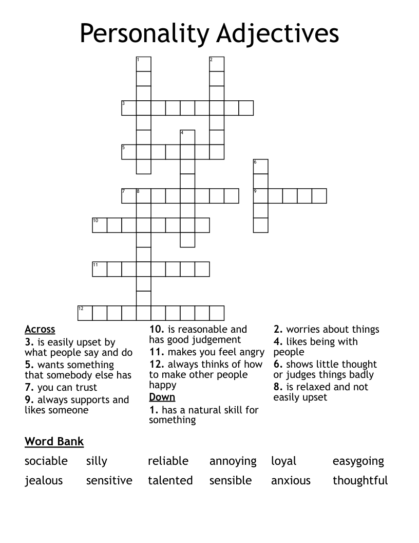 Personality Adjectives Crossword WordMint