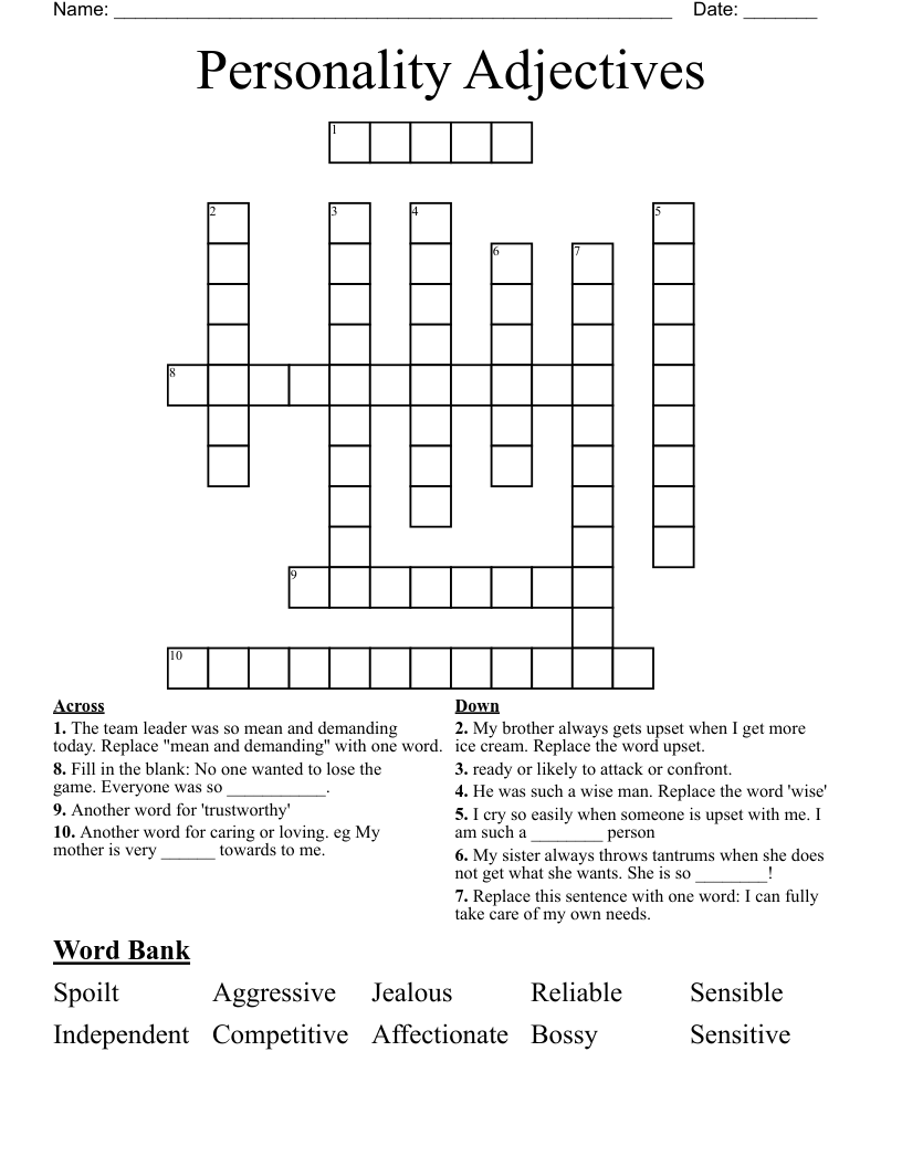 Personality Adjectives Crossword WordMint
