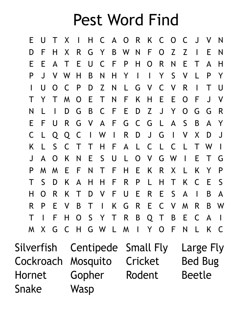 Pest Control Crosswords, Word Searches, Bingo Cards WordMint
