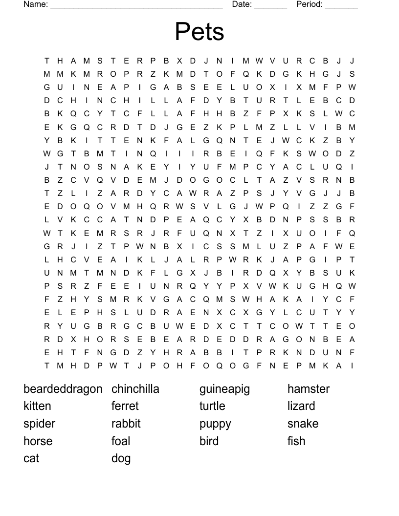 Pets Word Search Printable