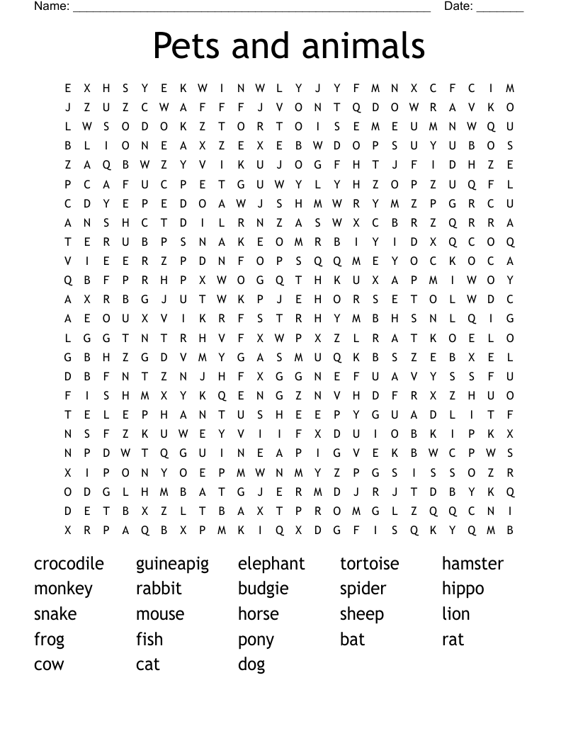 Pets and animals Word Search WordMint
