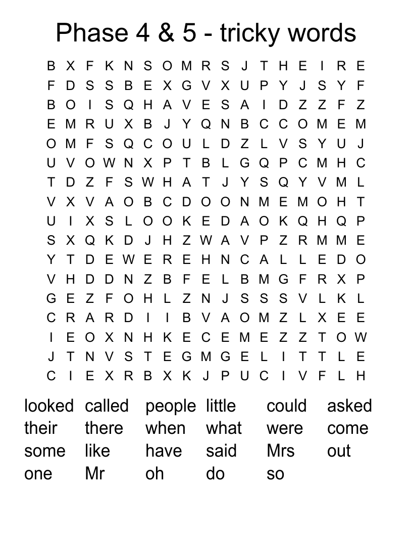 Phase 4 & 5 tricky words Word Search WordMint