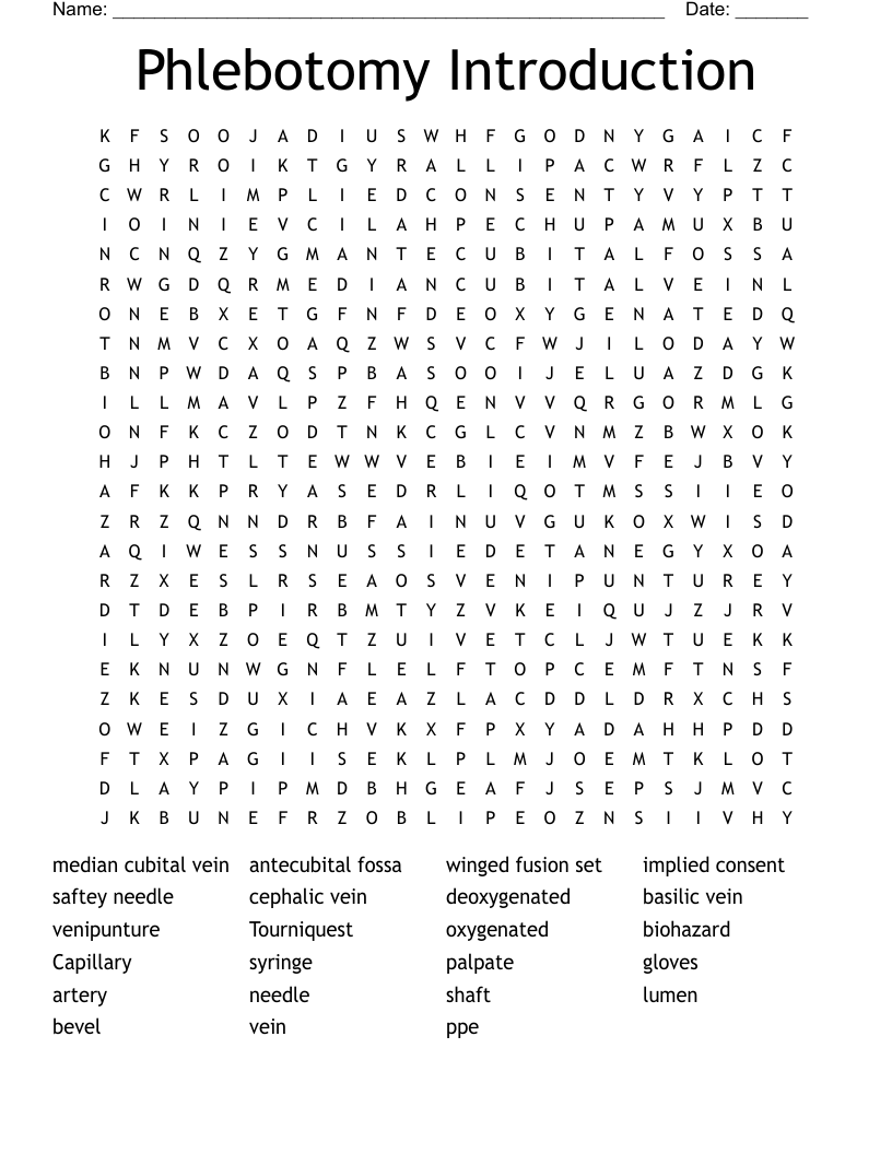 Phlebotomy Crossword Puzzle Printable
