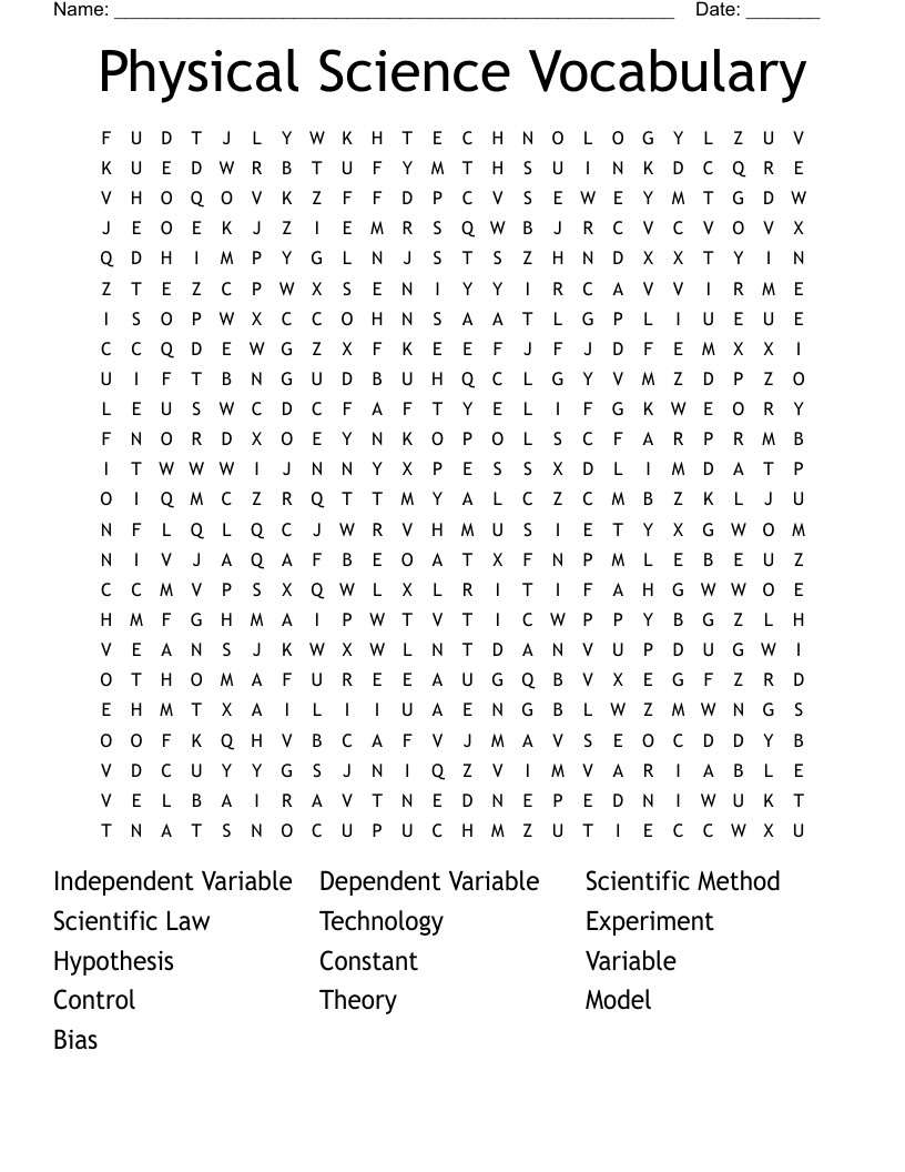 Physical Science Vocabulary Word Search WordMint