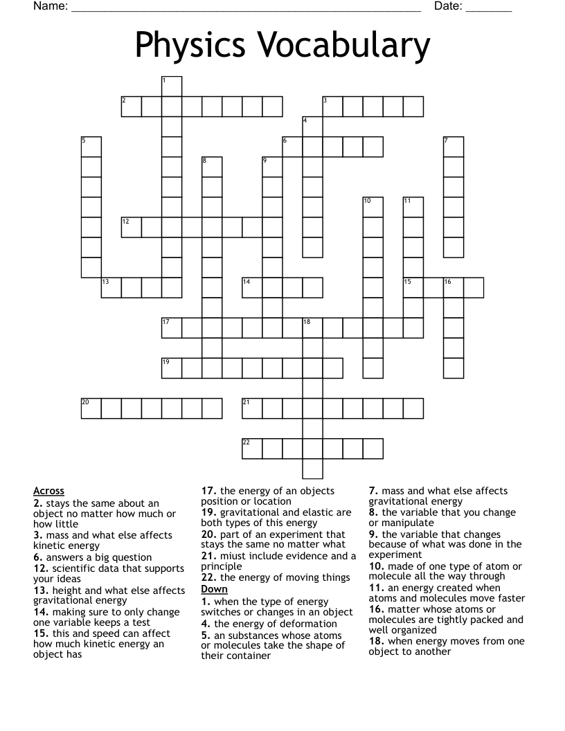 Physics Vocabulary Crossword WordMint