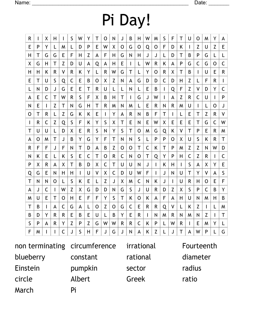 Pi Day! Word Search WordMint